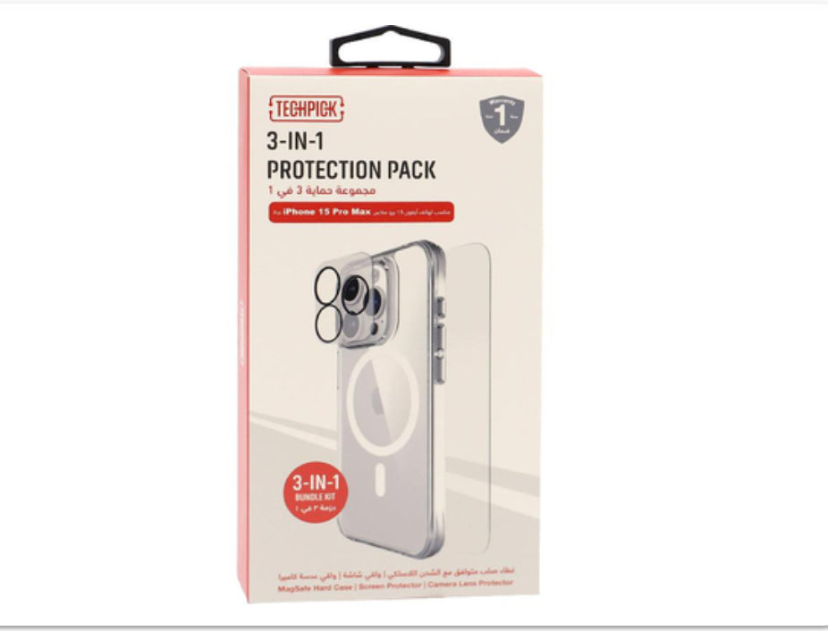 Techpick 3-in-1 Protection Pack MagSafe Hard Case + Tempered Glass + Camera Lens Protector Smartphone Case Bundle - Mobile catalyst