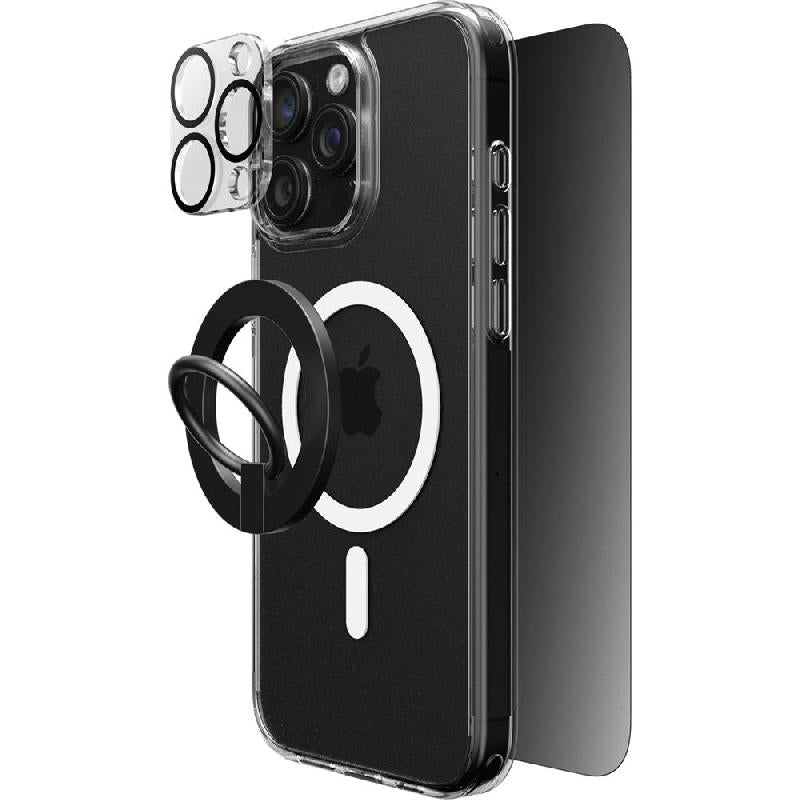 Techpick 4-in-1 Protection Pack Clear Case + Privacy Tempered Glass + Camera Lens Protector + Magnetic Stand Smartphone Case Bundle - Mobile catalyst
