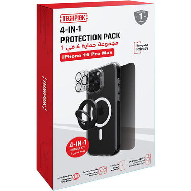 Techpick 4-in-1 Protection Pack Clear Case + Privacy Tempered Glass + Camera Lens Protector + Magnetic Stand Smartphone Case Bundle - Mobile catalyst