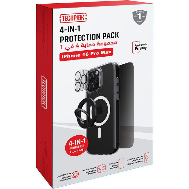 Techpick 4-in-1 Protection Pack Clear Case + Privacy Tempered Glass + Camera Lens Protector + Magnetic Stand Smartphone Case Bundle - Mobile catalyst